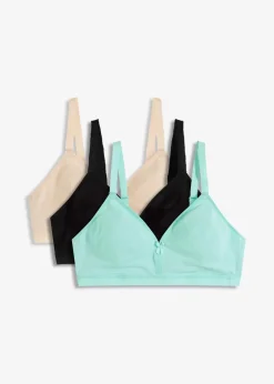 bonprix Baumwollunterwäsche|Nachhaltigere Materialien^BH ohne Bügel mit Bio-Baumwolle (3er Pack) sandbeige + schwarz + mentholblau