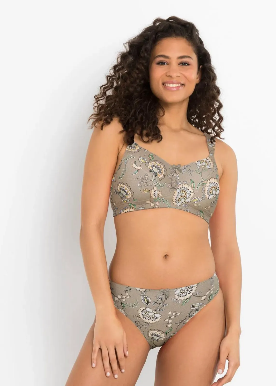 bonprix Große Cups D-H|Nachhaltigere Materialien^BH ohne Bügel mit Bio-Baumwolle (3er Pack) taupe paisley + cremeapricot + mint