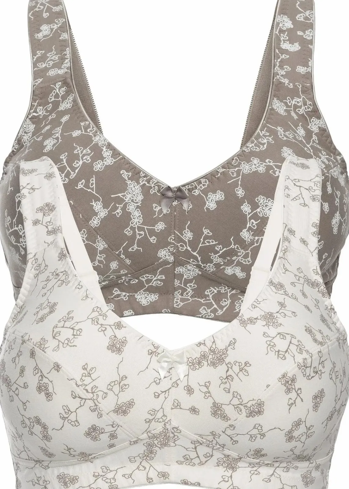 bonprix Große Cups D-H|Nachhaltigere Materialien^BH ohne Bügel mit weicher Bio-Baumwolle (2er Pack) wollweiß + taupe geblümt