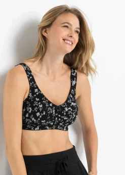 bonprix Große Cups D-H|Nachhaltigere Materialien^BH ohne Bügel mit weicher Bio-Baumwolle (2er Pack) schwarz + weiß geblümt