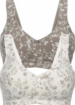 bonprix Große Cups D-H|Nachhaltigere Materialien^BH ohne Bügel mit weicher Bio-Baumwolle (2er Pack) wollweiß + taupe geblümt
