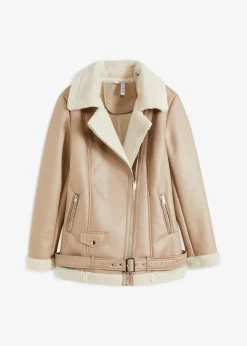 bonprix Jacken & Mäntel^Biker-Jacke aus Lammfellimitat naturstein/creme