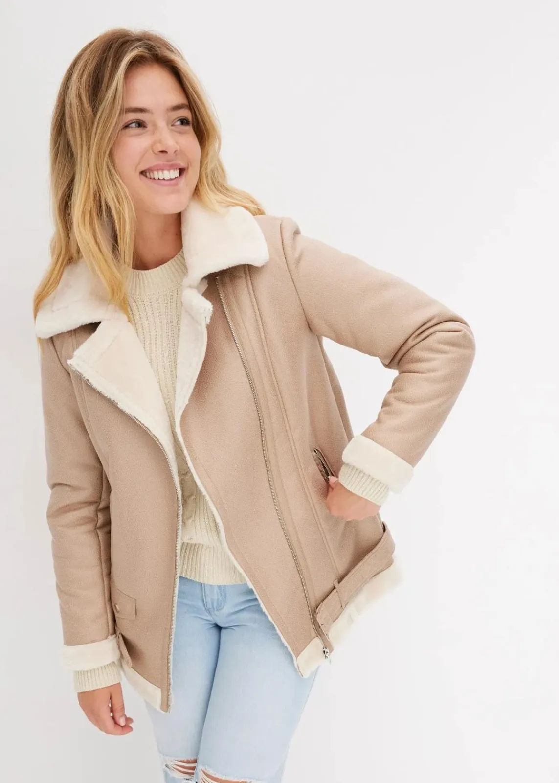 bonprix Jacken & Mäntel^Biker-Jacke aus Lammfellimitat naturstein/creme