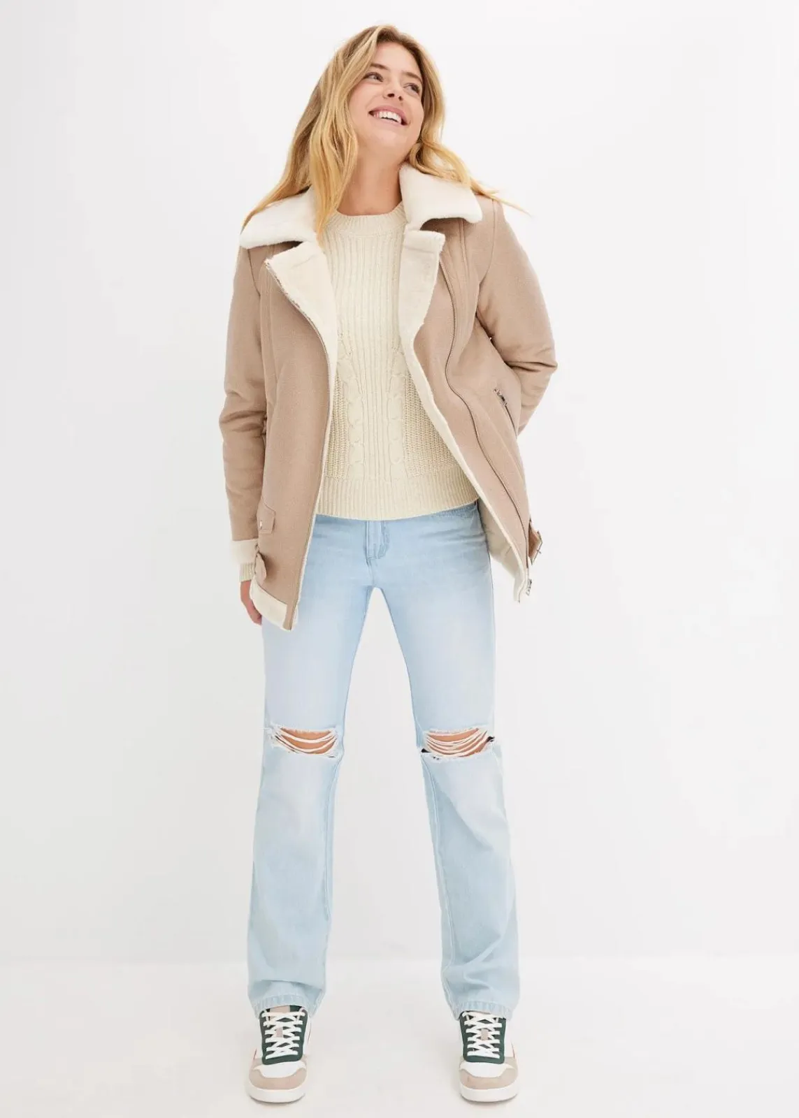 bonprix Jacken & Mäntel^Biker-Jacke aus Lammfellimitat naturstein/creme