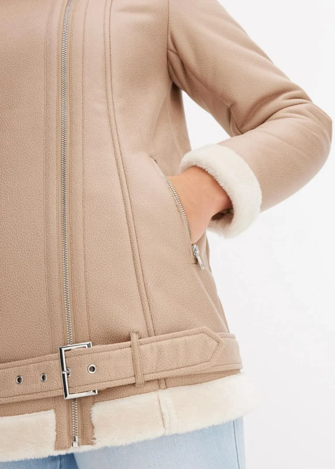 bonprix Jacken & Mäntel^Biker-Jacke aus Lammfellimitat naturstein/creme