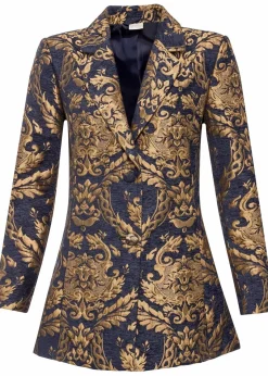 bonprix Kurzgrößen|Festliche Mode^Blazer aus glänzendem Jacquard blau/gold graphisch