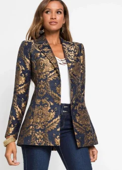 bonprix Kurzgrößen|Festliche Mode^Blazer aus glänzendem Jacquard blau/gold graphisch