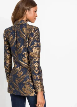 bonprix Kurzgrößen|Festliche Mode^Blazer aus glänzendem Jacquard blau/gold graphisch
