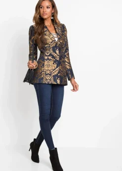 bonprix Kurzgrößen|Festliche Mode^Blazer aus glänzendem Jacquard blau/gold graphisch