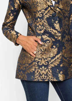bonprix Kurzgrößen|Festliche Mode^Blazer aus glänzendem Jacquard blau/gold graphisch