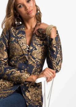 bonprix Kurzgrößen|Festliche Mode^Blazer aus glänzendem Jacquard blau/gold graphisch