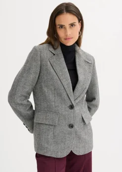 bonprix Blazer|Bekleidung·Basics^Blazer mit Fischgratmuster und Wollanteil dunkelgrau meliert