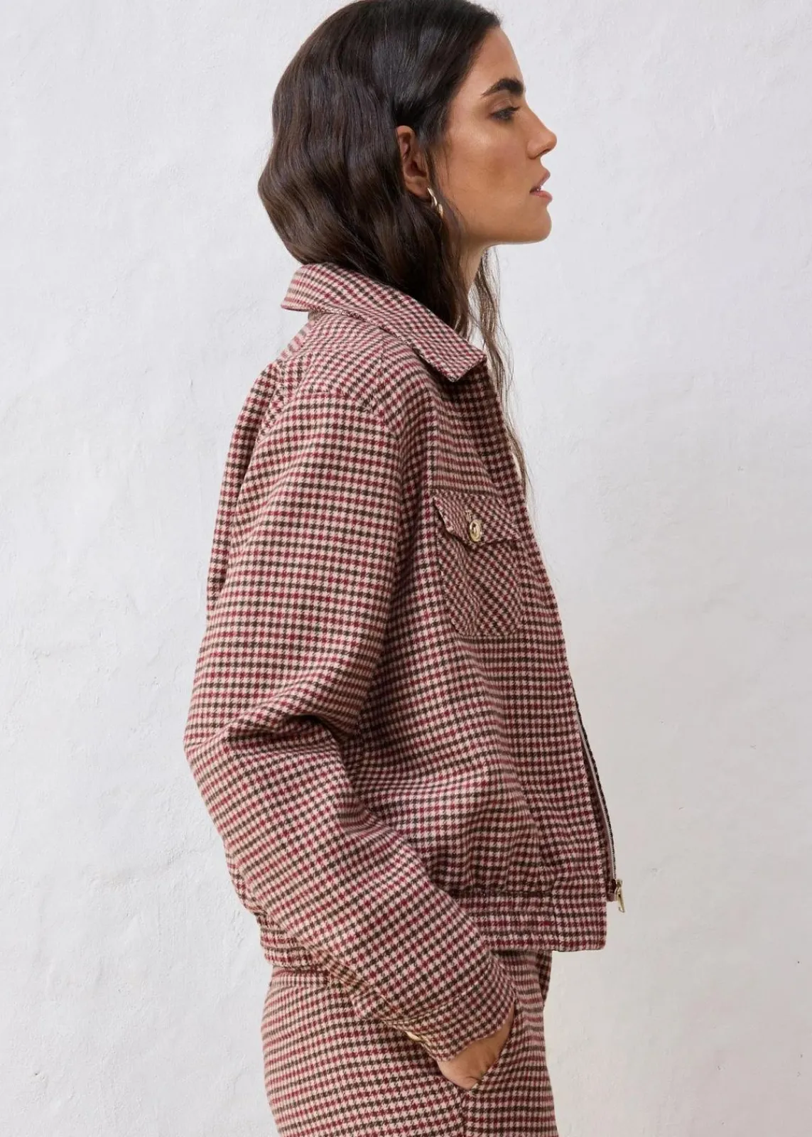 bonprix Bekleidung·Hosen|Jacken & Mäntel^Blouson aus weichem Woll-MIx mattcamel/dunkelblau kariert