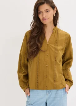 bonprix Bekleidung·Jacken & Mäntel|Blusen & Tuniken^Bluse aus Baumwolle mit Spitzen-Details mistelgrün