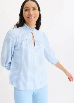 bonprix Blusen & Tuniken^Bluse aus Baumwoll-Viskose Mix hellblau/wollweiß gestreift