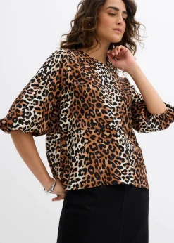 bonprix Blusen & Tuniken^Bluse aus feinem Viskose-Mix natur/schwarz/dunkelcognac leo washed bedruckt