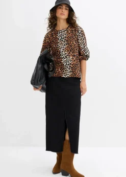 bonprix Blusen & Tuniken^Bluse aus feinem Viskose-Mix natur/schwarz/dunkelcognac leo washed bedruckt