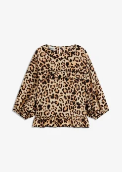 bonprix Bekleidung·Jacken & Mäntel|Blusen & Tuniken^Bluse aus feinem Viskose-Mix beige/schwarz leo bedruckt