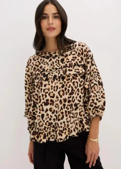 bonprix Bekleidung·Jacken & Mäntel|Blusen & Tuniken^Bluse aus feinem Viskose-Mix beige/schwarz leo bedruckt