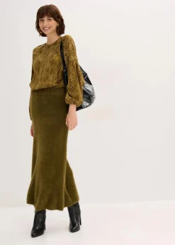 bonprix Bekleidung·Jacken & Mäntel|Nachhaltigere Materialien^Bluse aus fließendem Satin erdoliv/mistelgrün bedruckt