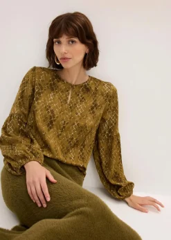 bonprix Bekleidung·Jacken & Mäntel|Nachhaltigere Materialien^Bluse aus fließendem Satin erdoliv/mistelgrün bedruckt