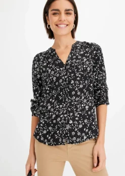 bonprix Bekleidung·Jacken & Mäntel|Blusen & Tuniken^Bluse aus fließender Viskose schwarz/wollweiß bedruckt