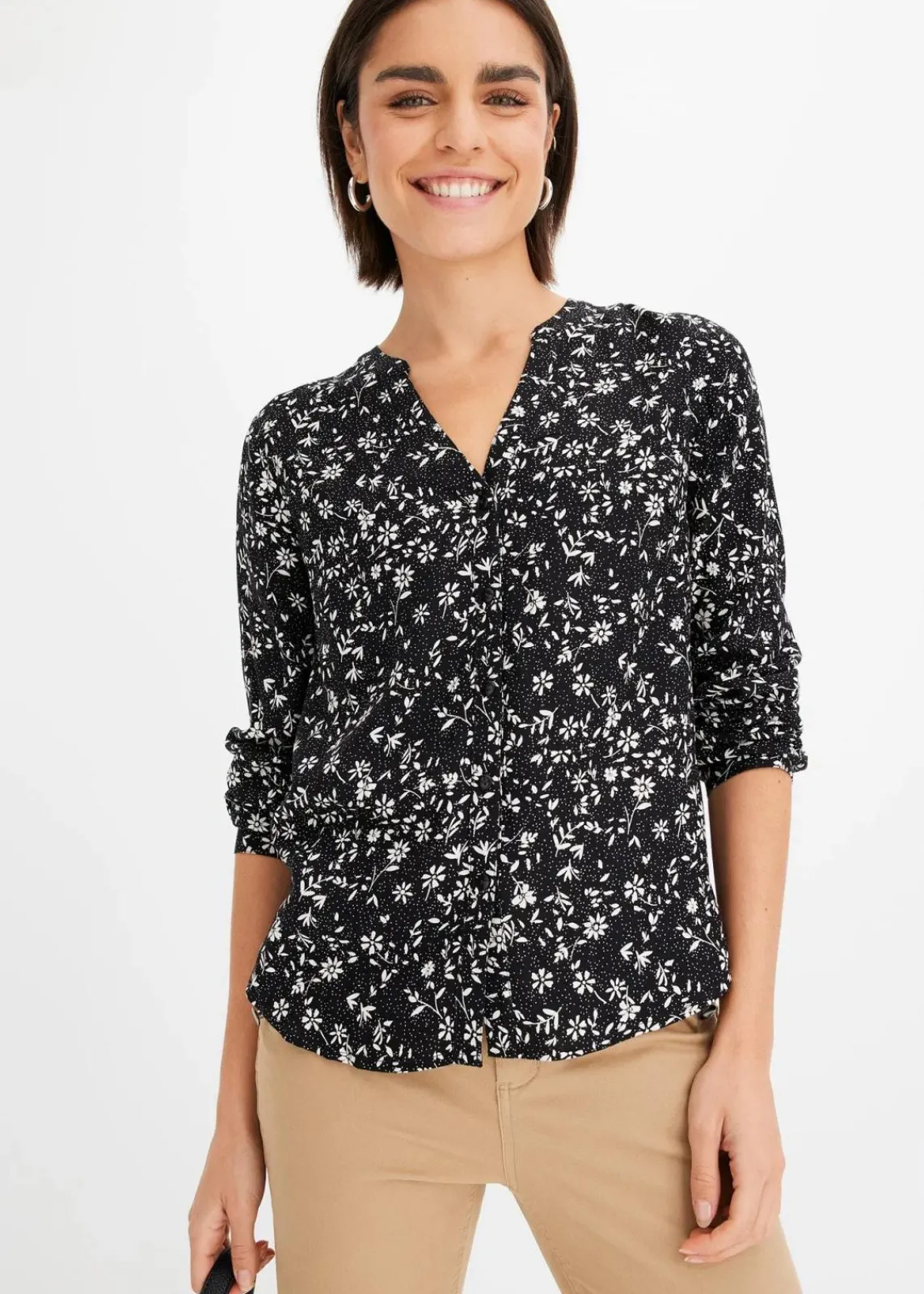 bonprix Bekleidung·Jacken & Mäntel|Blusen & Tuniken^Bluse aus fließender Viskose schwarz/wollweiß bedruckt
