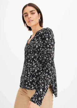 bonprix Bekleidung·Jacken & Mäntel|Blusen & Tuniken^Bluse aus fließender Viskose schwarz/wollweiß bedruckt