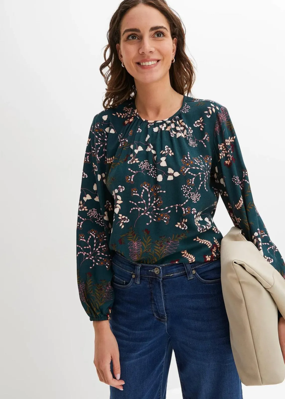 bonprix Bekleidung·Jacken & Mäntel|Nachhaltigere Materialien^Bluse aus nachhaltiger Viskose tiefgrün geblümt