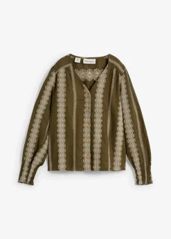bonprix Bekleidung·Jacken & Mäntel|Premium^Bluse aus reinem Leinen dunkeloliv/kieselbeige