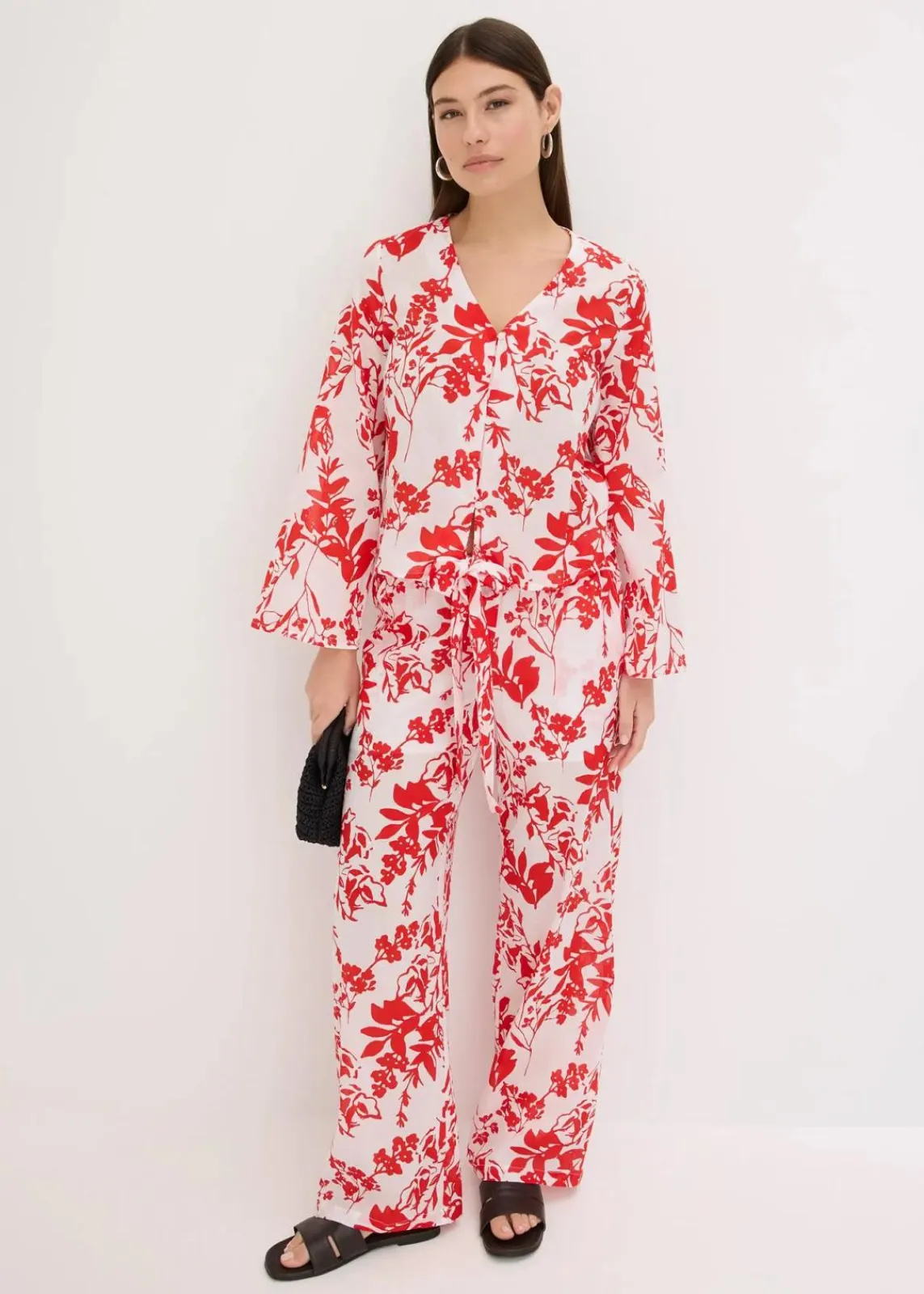 bonprix Zweiteiler & Sets|Blusen & Tuniken^Bluse aus reiner Baumwolle weiß/orangerot floral