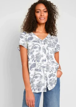 bonprix Bekleidung·Jacken & Mäntel|Blusen & Tuniken^Bluse, Kurzarm wollweiß/indigo Paisley