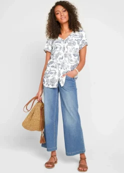 bonprix Bekleidung·Jacken & Mäntel|Blusen & Tuniken^Bluse, Kurzarm wollweiß/indigo Paisley