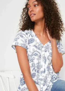bonprix Bekleidung·Jacken & Mäntel|Blusen & Tuniken^Bluse, Kurzarm wollweiß/indigo Paisley