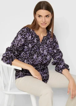 bonprix Bekleidung·Jacken & Mäntel|Blusen & Tuniken^Bluse, langarm schwarz/hyazinthenlila geblümt
