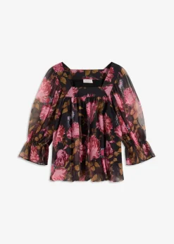 bonprix Blusen & Tuniken|Bekleidung·Jacken & Mäntel^Bluse mit Ballonsaum schwarz geblümt