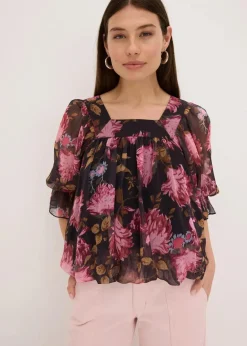 bonprix Blusen & Tuniken|Bekleidung·Jacken & Mäntel^Bluse mit Ballonsaum schwarz geblümt