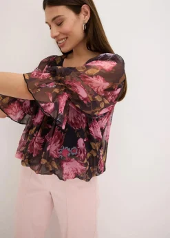 bonprix Blusen & Tuniken|Bekleidung·Jacken & Mäntel^Bluse mit Ballonsaum schwarz geblümt