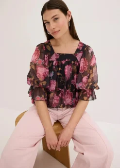 bonprix Blusen & Tuniken|Bekleidung·Jacken & Mäntel^Bluse mit Ballonsaum schwarz geblümt