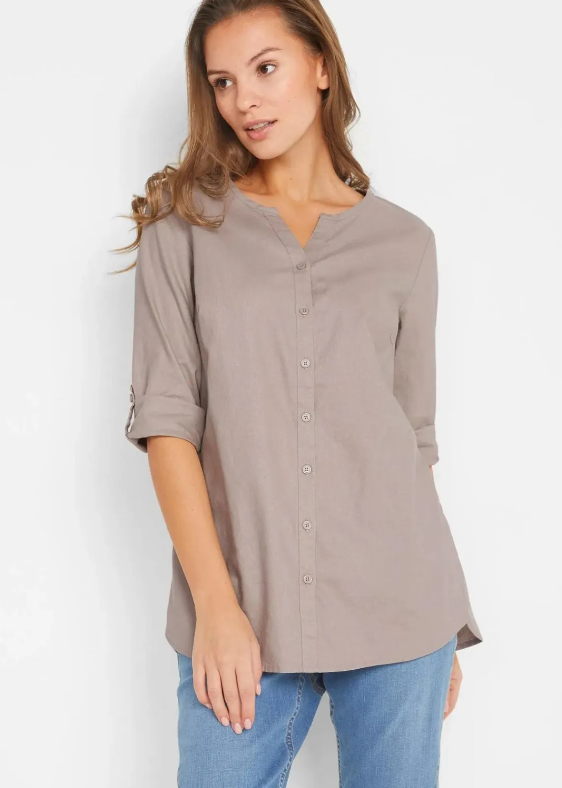 bonprix Blusen & Tuniken|Bekleidung·Jacken & Mäntel^Bluse mit Leinen, 3/4 Arm naturstein