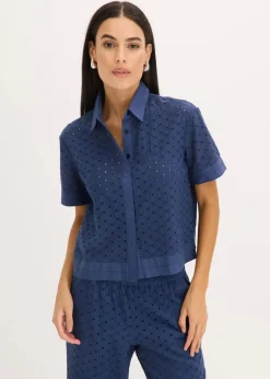 bonprix Blusen & Tuniken|Bekleidung·Jacken & Mäntel^Bluse mit Lochstickerei dunkelblau