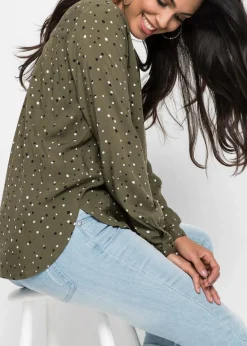 bonprix Nachhaltigere Materialien|Blusen & Tuniken^Bluse mit Pünktchen dunkeloliv gepunktet