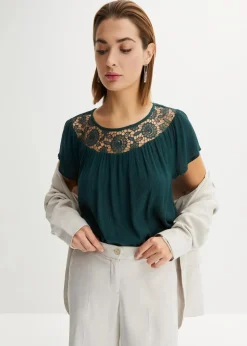 bonprix Bekleidung·Jacken & Mäntel|Blusen & Tuniken^Bluse mit Spitze tiefgrün