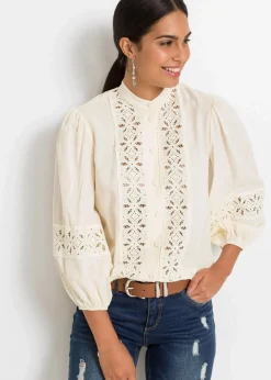 bonprix Bekleidung·Jacken & Mäntel|Blusen & Tuniken^Bluse mit Spitze aus softem Viskose-Mix wollweiß