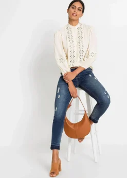 bonprix Bekleidung·Jacken & Mäntel|Blusen & Tuniken^Bluse mit Spitze aus softem Viskose-Mix wollweiß
