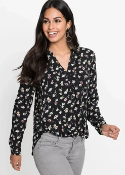 bonprix Bekleidung·Jacken & Mäntel|Nachhaltigere Materialien^Bluse mit V-Ausschnitt schwarz geblümt