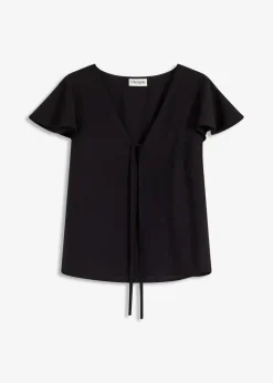 bonprix Zweiteiler & Sets|Blusen & Tuniken^Bluse mit Volantärmeln in Glanzoptik schwarz