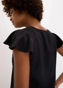 bonprix Zweiteiler & Sets|Blusen & Tuniken^Bluse mit Volantärmeln in Glanzoptik schwarz