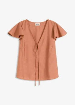 bonprix Blusen & Tuniken|Zweiteiler & Sets^Bluse mit Volantärmeln in Glanzoptik cognac