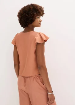 bonprix Blusen & Tuniken|Zweiteiler & Sets^Bluse mit Volantärmeln in Glanzoptik cognac